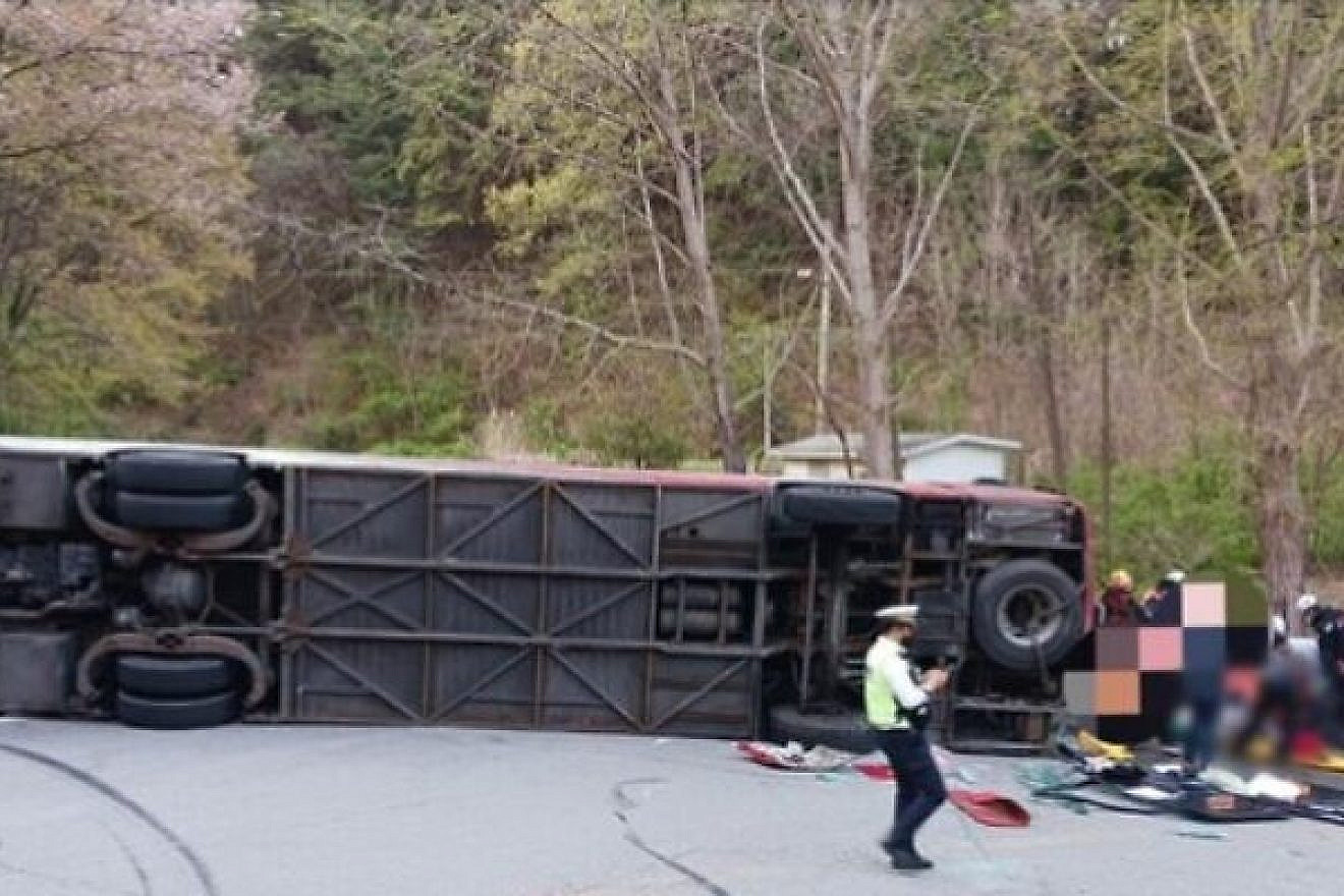 Some three dozen Israelis were injured when their tour bus crashed in Chungju, South Korea, on April 13, 2023. Credit: Chungbuk Fire Service.