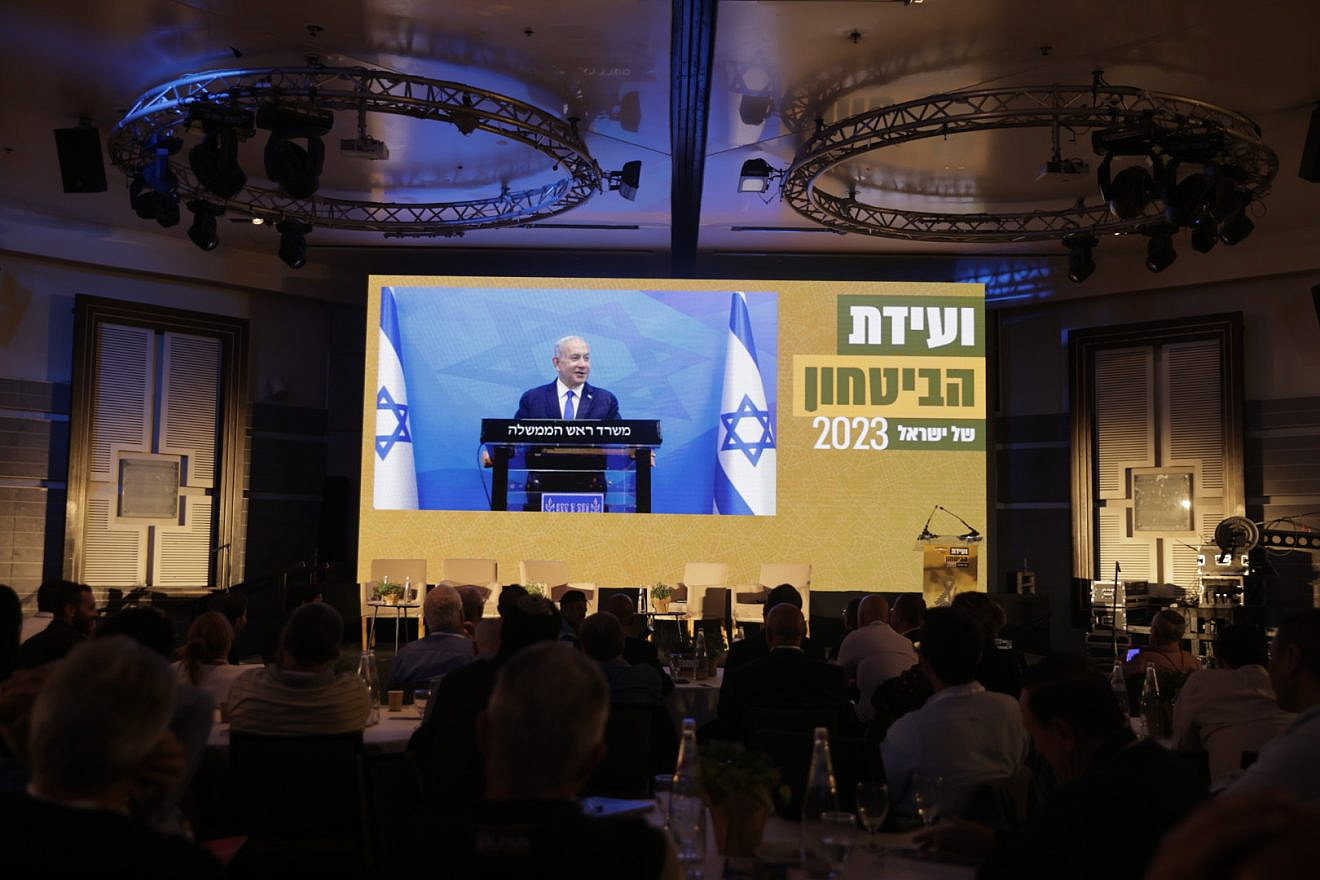 Israeli Prime Minister Benjamin Netanyahu speaking via Zoom at the Israel Defense and Security Forum (IDSF) conference, May 9, 2023. Photo by Daniel Stravo/Israel Defense Conference/IDSF.