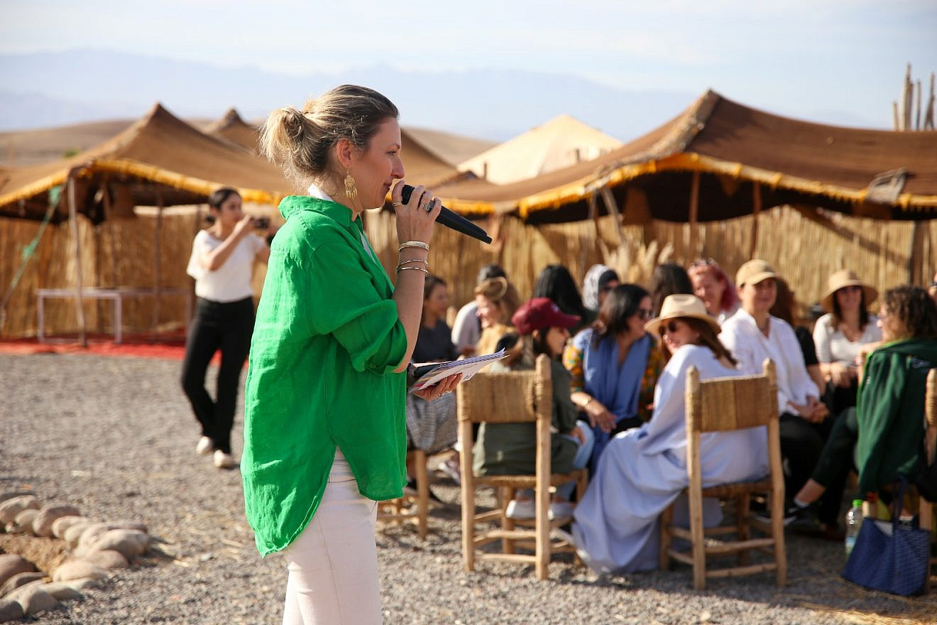 Aviva Steinberger, director of Innovation Diplomacy at Start-Up Nation Central, addresses the "Women Connect to Innovate" conference in Morocco, May 4, 2023. Credit: Courtesy.
