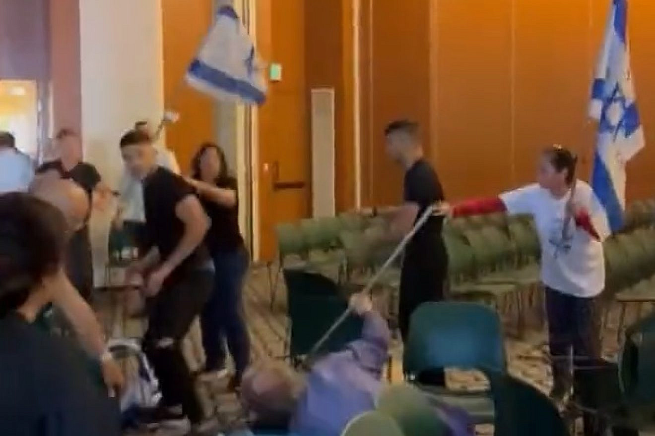Anti-judicial reform protesters and hotel security and staff clash at the Pastoral Hotel in Kfar Blum, Israel, May 15, 2023. Source: YouTube.