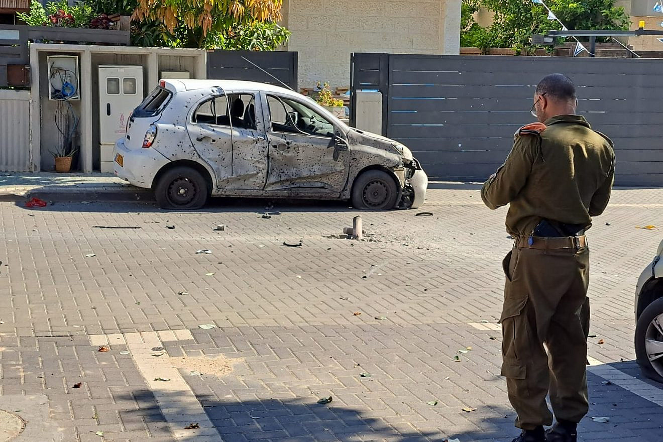 A car struck in southern Israel by rocket fire from the Gaza Strip, May 2, 2023. Credit: JNF-USA.