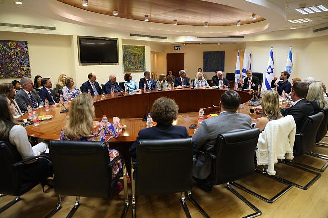 Education Minister Yoav Kisch (rear right) meets with the visiting business leaders in Jerusalem, May 18, 2023. Courtesy of the Lincoln Club of Orange County/Bar Shvo.