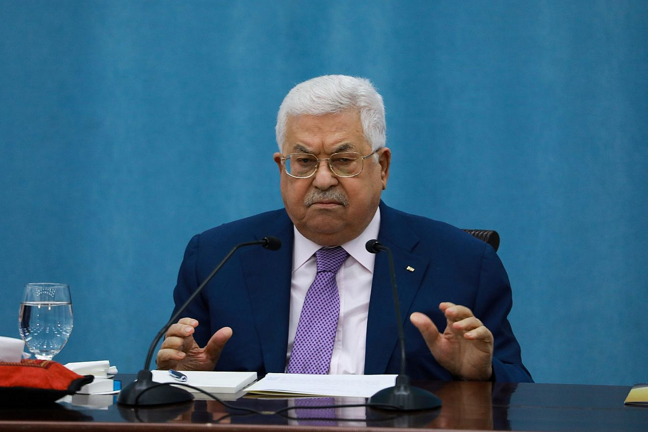 Palestinian Authority President Mahmoud Abbas delivers a speech at P.A. headquarters in Ramallah, May 5, 2020. Credit: Flash90.