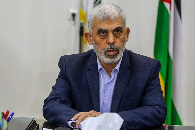 The leader of Hamas in the Gaza Strip Yahya Sinwar hosts a meeting with members of Palestinian factions in Gaza City, on April 13, 2022. Photo by Attia Muhammed/Flash90.