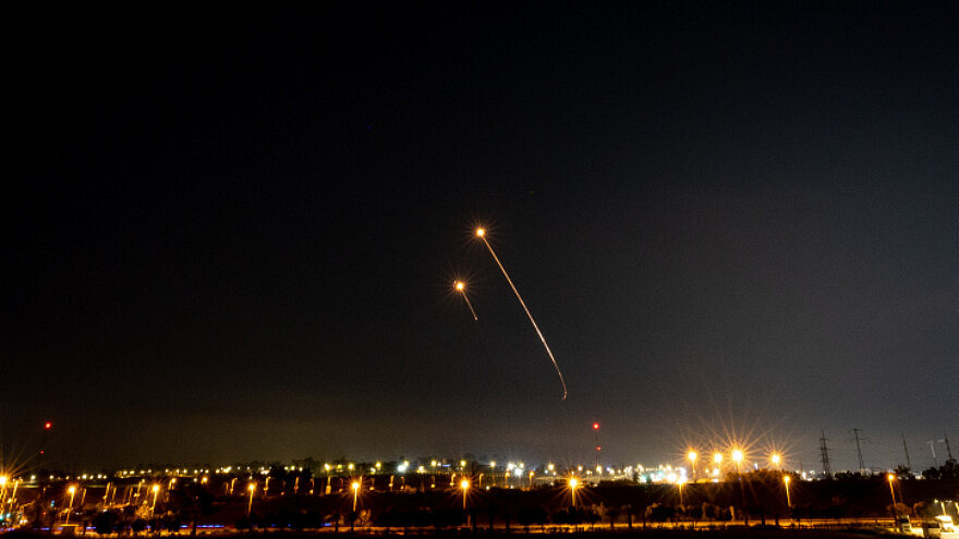 Israel's Iron Dome defense system fires interceptor missiles as Palestinian terrorists launch rockets from the Gaza Strip, May 2, 2023. Photo by Yonatan Sindel/Flash90.