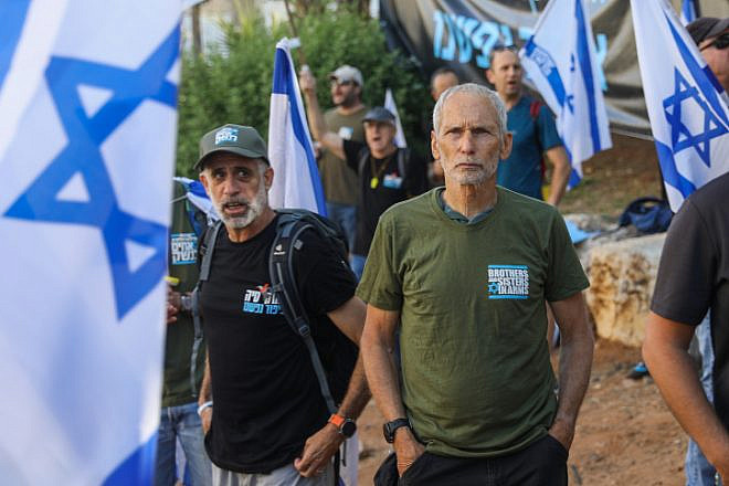 Former Public Security Minister Omer Barlev, chairman of the board of Angel Bakeries, at a "Brothers in Arms" protest outside the home of venerated Rabbi Gershon Edelstein in Bnei Brak, May 4, 2023. Photo by Flash90.