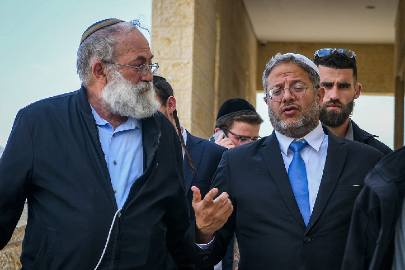 Israeli National Security Minister Itamar ben Gvir walks with Matityahu (Mati) Dan, chairman of the Ateret Cohanim organization, after a meeting at the Western Wall, in Jerusalem's Old City, May 7, 2023. Photo by Arie Leib Abrams/Flash90.