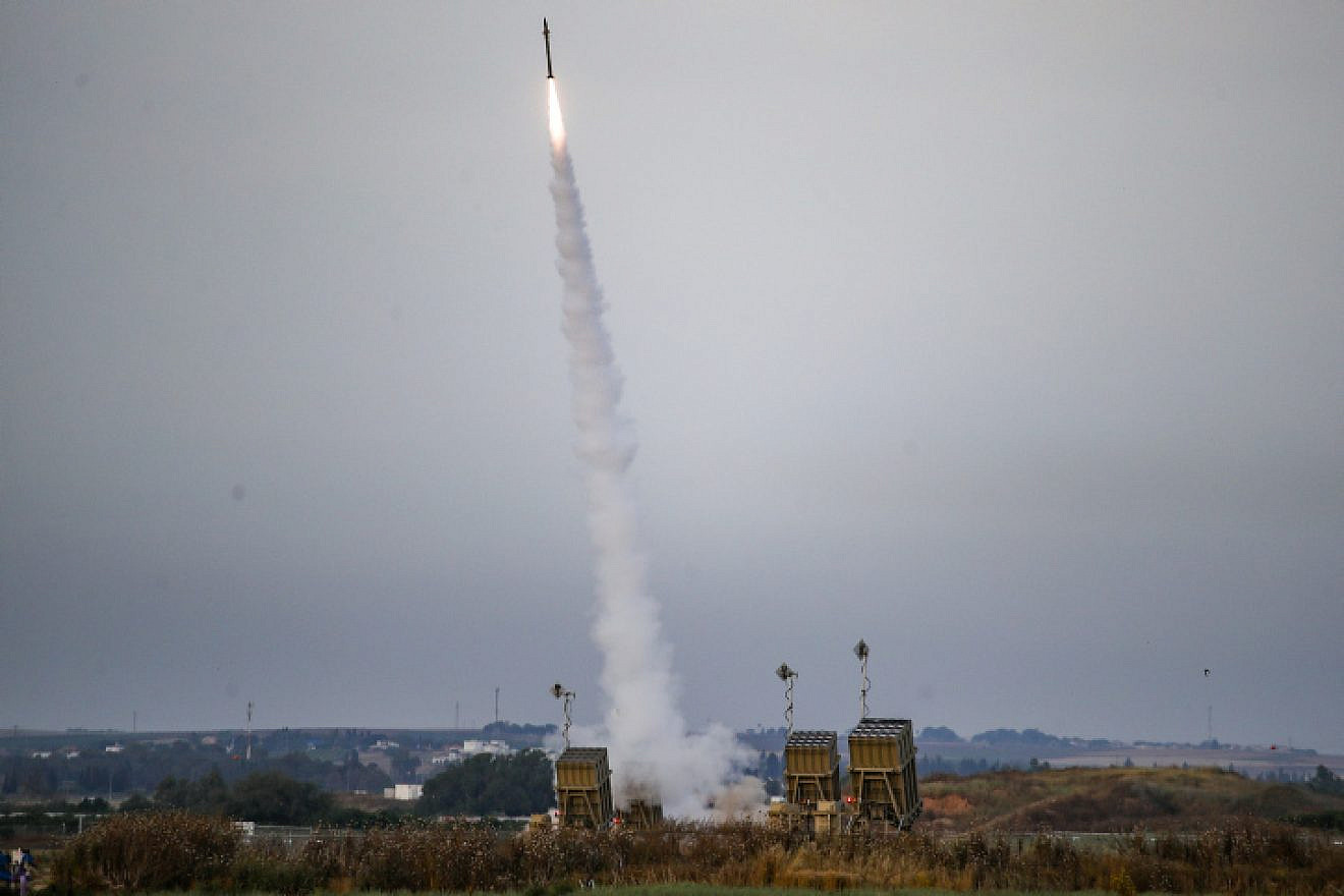 Israel's Iron Dome air-defense system fires an interceptor at rockets fired from the Gaza Strip, in Sderot on May 10, 2023. Photo by Flash90.