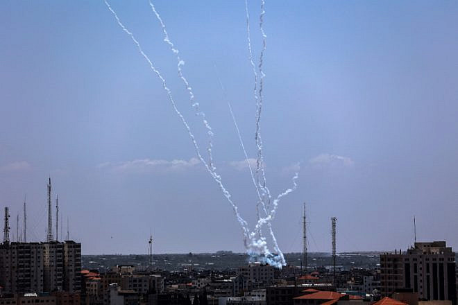 Terrorist groups launch rockets at Israel from the Gaza Strip, on May 13, 2023. Photo by Atia Mohammed/Flash90.
