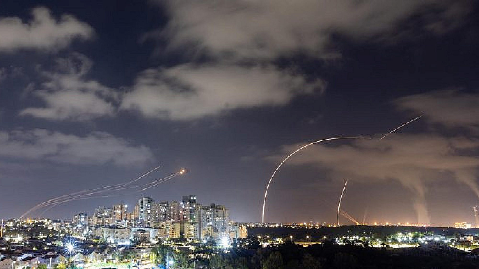 Israel's Iron Dome system intercepts rockets the Gaza Strip, as seen from Ashkelon, on May 13, 2023. Photo by Yossi Aloni/Flash90.
