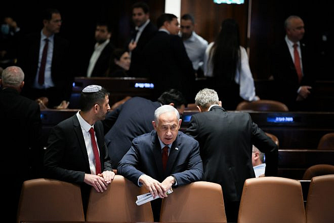 Israeli Prime Minister Benjamin Netanyahu attends a discussion and a vote in the Knesset assembly hall, on May 15, 2023. Photo by Arie Leib Abrams/Flash90.