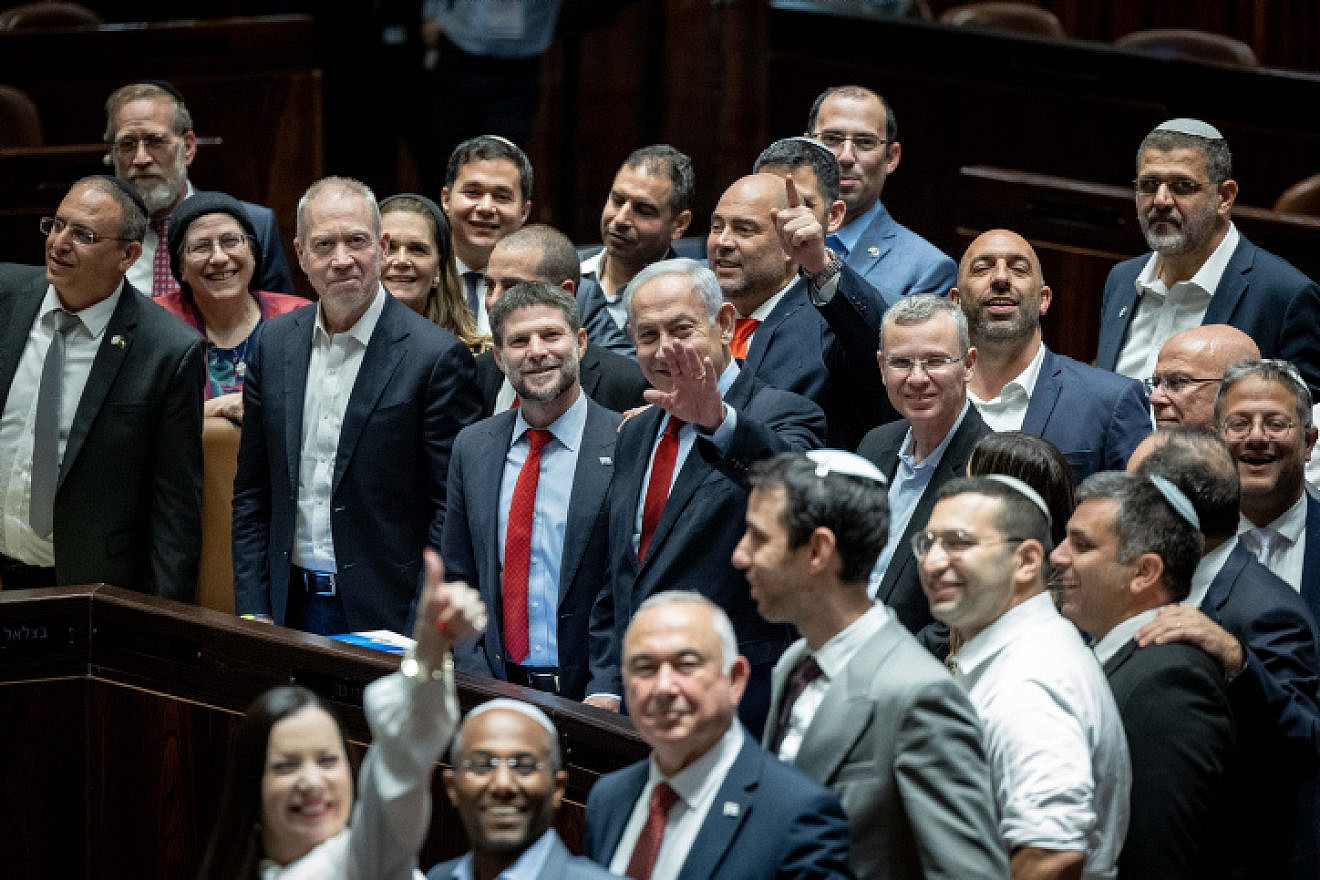 Israeli Prime Minister Benjamin Netanyahu, ministers and MKs seen after a discussion and a vote on the state budget at the Knesset in Jerusalem, May 23, 2023. Photo by Yonatan Sindel/Flash90.