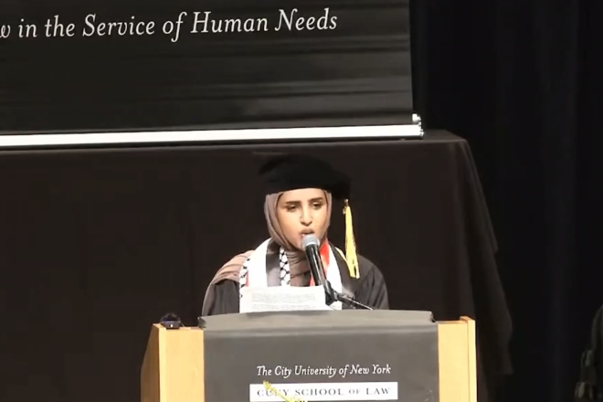 CUNY Law School graduation speaker Fatima Mohammed, May 12, 2023. Source: Screenshot/SAFECUNY Twitter.