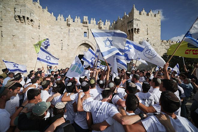 Jews dance outside the Damascus Gate to the Old City during Jerusalem Day celebrations, May 18, 2023. Photo by Yonatan Sindel/Flash90.