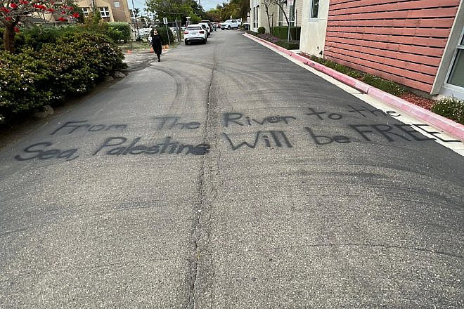 “From the River to the Sea, Palestine Will Be Free” was spray-painted on a street outside Chabad at the University of California, Santa Barbara, May 2023. Source: Twitter.