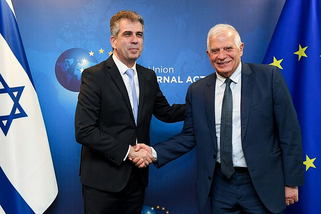 Israel Foreign Minister Eli Cohen, left, meets with E.U. foreign-policy chief Joseph Borrell in Brussels on May 2, 2023. Source: Twitter via MFA.