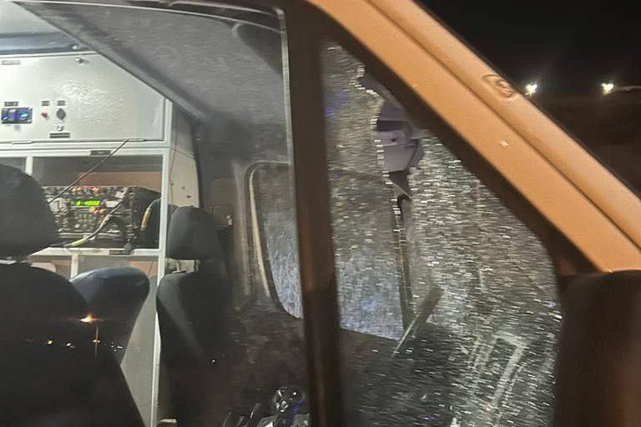 The damaged IDF ambulance after the shooting on May 29, 2023 on Route 60 adjacent to Kiryat Arba. Source: Twitter