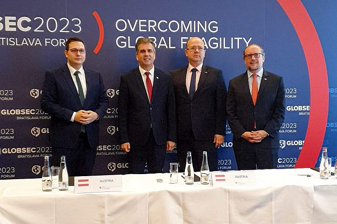 Israel's Foreign Minister Eli Cohen (second from left) in Bratislava with the foreign ministers, from left, of the Czech Republic, Slovakia and Austria, May 30, 2023. Source: Eli Cohen via Twitter.