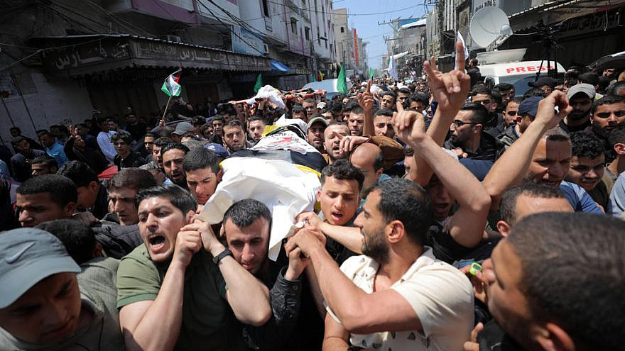 Funeral in Gaza City of the dead at the air strikes Israel carried out in retaliation for the rocket attack toward civilian targets in southern Israel. Three Islamic Jihad militant group leaders and ten civilians were killed. Gaza, May 9, 2023. Photo by Majdi Fathi/TPS
