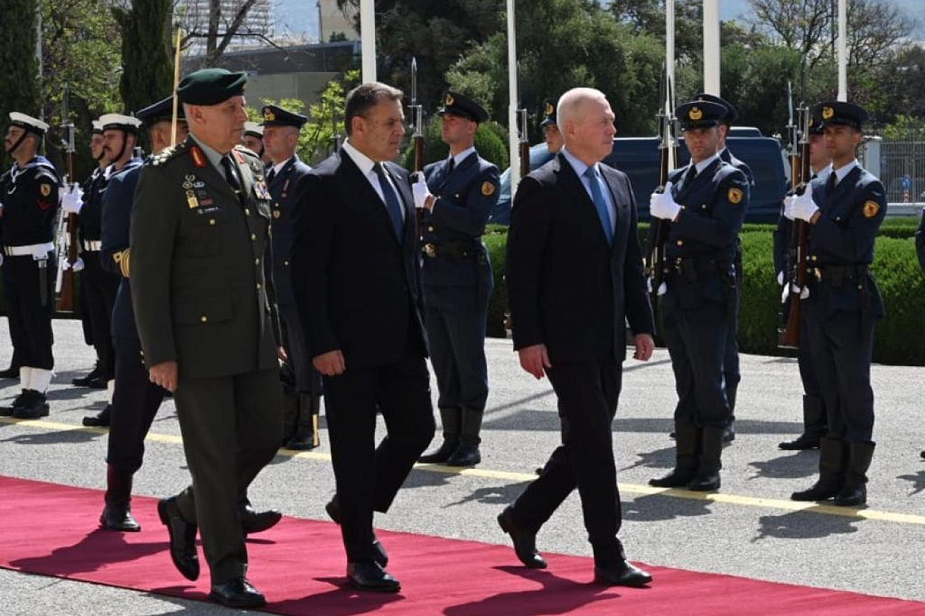 Israeli Defense Minister Yoav Gallant (right) begins a trip to Greece and Cyprus with a stop in Athens, May 4, 2023. Photo by Ariel Hermoni/Israeli Ministry of Defense.