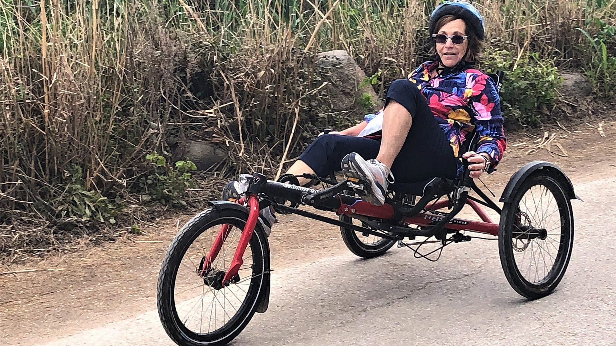 Harriet Schleifer on a recumbent bike at Agamon Hula-JNF Nature and Ornithology Park in northern Israel. Photo by Howard Blas.