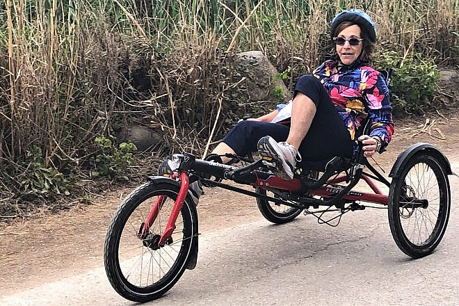 Harriet Schleifer on a recumbent bike at Agamon Hula-JNF Nature and Ornithology Park in northern Israel. Photo by Howard Blas.