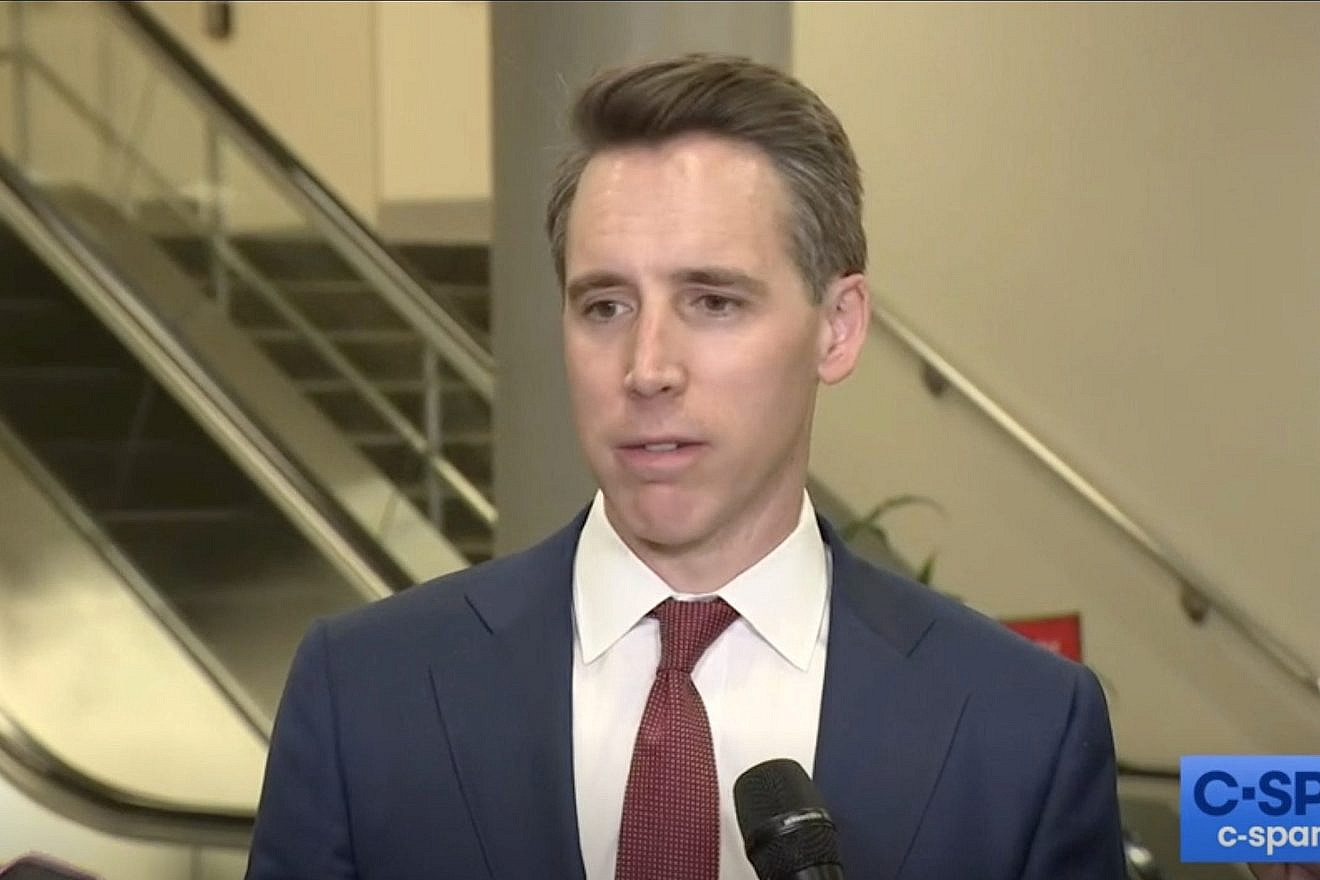 Sen. Josh Hawley (R-Mo.) talks to reporters in a “stakeout” after a confidential Senate Iran briefing on May 16, 2023. Credit: Screen capture.