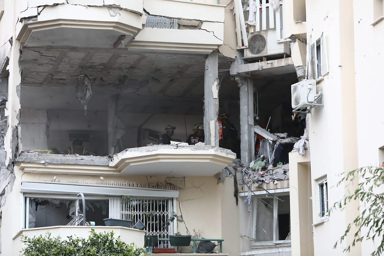 An Israeli woman was killed when a rocket fired from the Gaza Strip struck a four-story building in Rehovot, 12 miles south of Tel Aviv, May 11, 2023. Photo by Gideon Markovich/TPS.