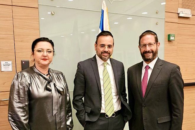 From left: Knesset member Tatiana Mazarsk, MK Uriel Buso and former MK Dov Lipman, founder and CEO of Yad L’Olim. Credit: Courtesy of Yad L’Olim.