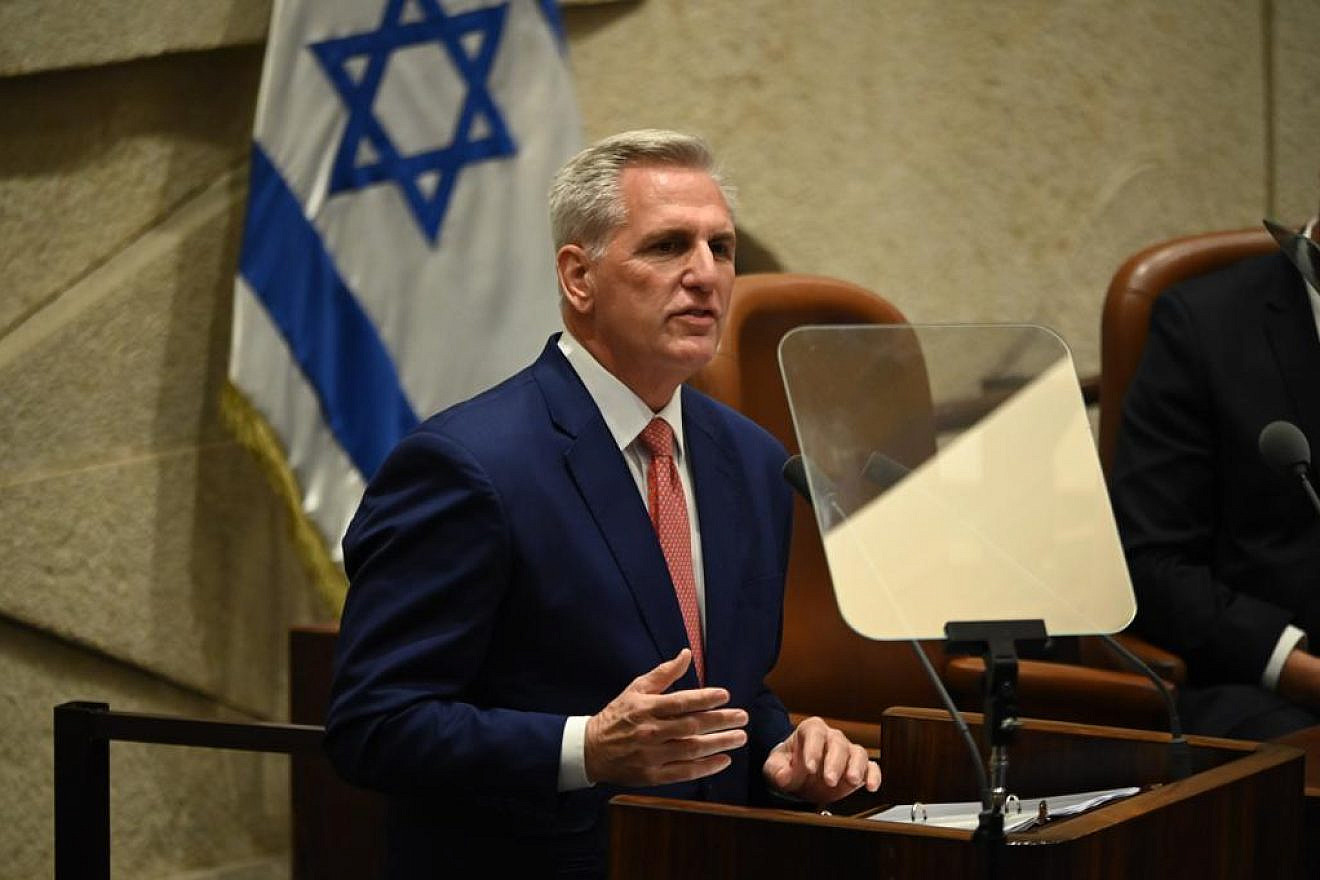 Rep. Kevin McCarthy, speaker of the U.S. House of Representatives, addresses the Knesset in Jerusalem, May 1, 2023. Credit: TPS.