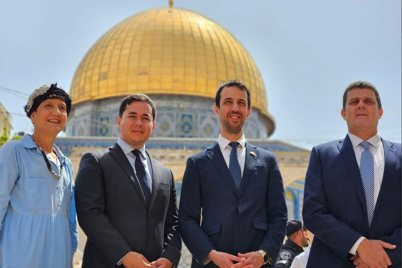 On the Temple Mount are, from left, former Jewish Home Party MK Shulamit Mualem-Rafaeli and Likud MKs Dan Illouz, Ariel Kallner and Amit Halevi, May 18, 2023. Credit: Courtesy of Beyadenu.