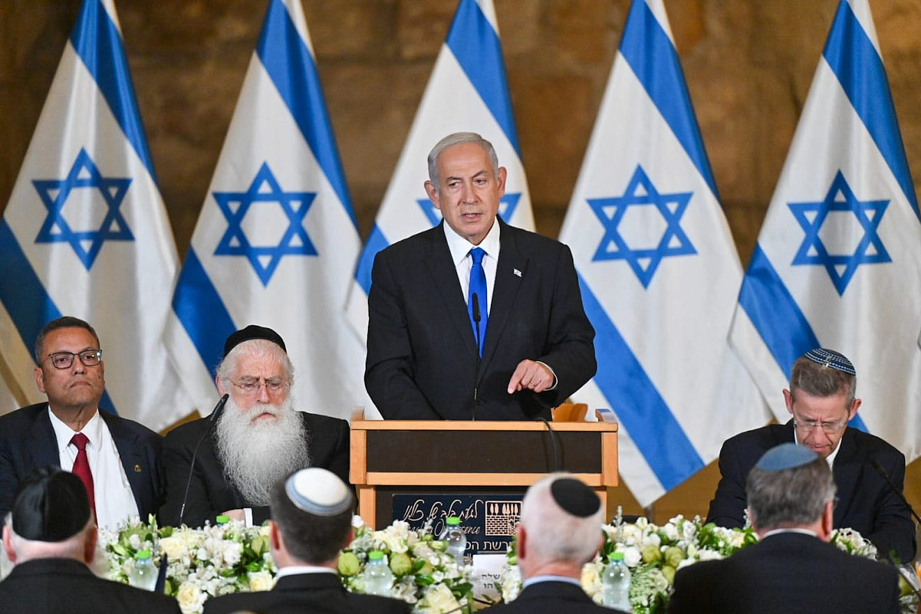Prime Minister Benjamin Netanyahu speaks at a Cabinet meeting held at the Western Wall tunnels in Jerusalem, May 21, 2023. Photo by Kobi Gideon/GPO.