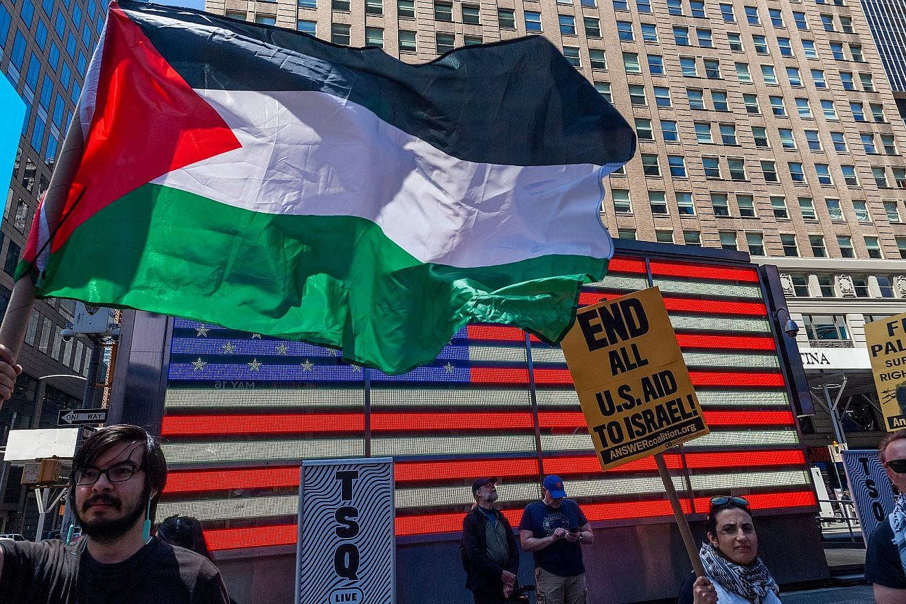 Palestinians and their supporters protest against Israel as part of a “Nakba Day” rally in Times Square in New York City, May 14, 2023. Credit: rblfmr/Shutterstock.