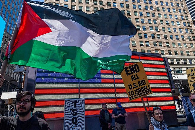 Palestinians and their supporters protest against Israel as part of a “Nakba Day” rally in Times Square in New York City, May 14, 2023. Credit: rblfmr/Shutterstock.