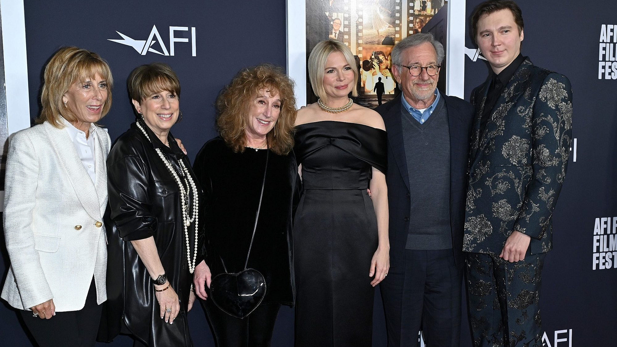 From left: Siblings Anne, Sue, Nancy and Steven Spielberg, and lead actors Michelle Williams and Paul Dano at the premiere for “The Fabelmans,” Nov. 6, 2022. Credit: Featureflash Photo Agency/Shutterstock.