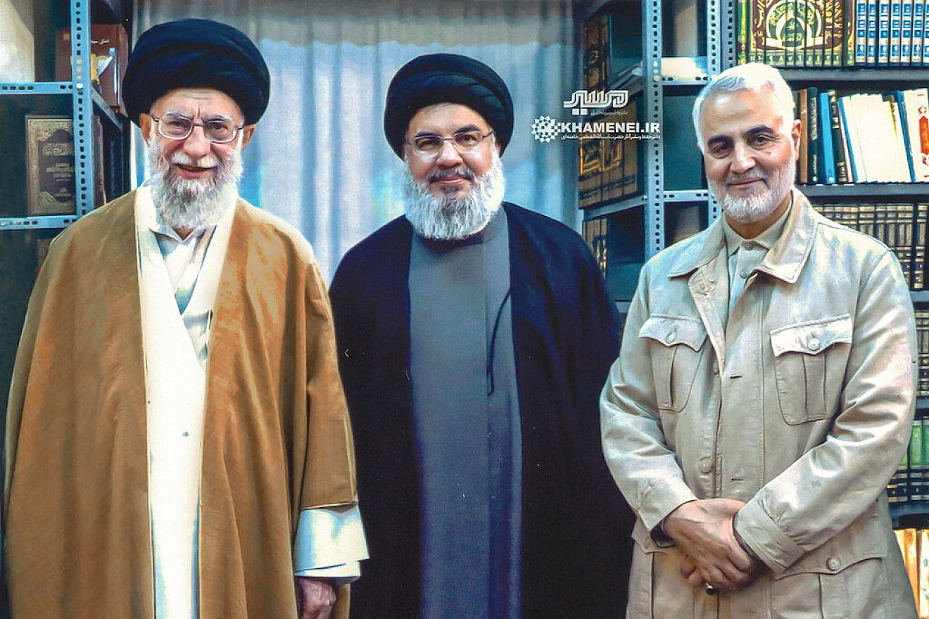 Hezbollah leader Hassan Nasrallah with Iranian Supreme Leader Ali Khamenei and Quds Force commander Qassem Soleimani.