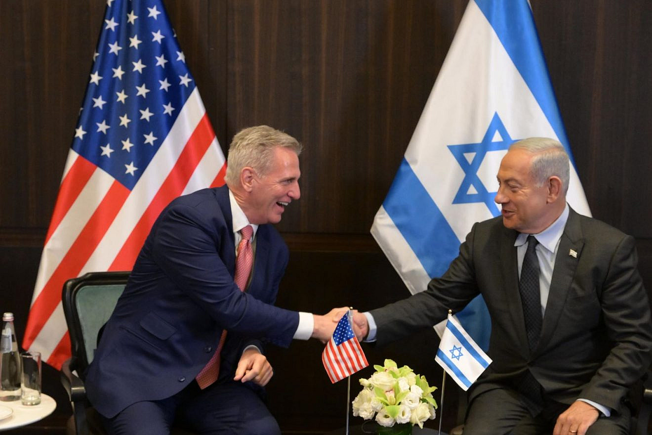 Israeli Prime Minister Benjamin Netanyahu (right) meets with United States House Speaker Kevin McCarthy in Jerusalem, Israel, May 1, 2023. Credit: Amos Ben-Gershom/GPO.