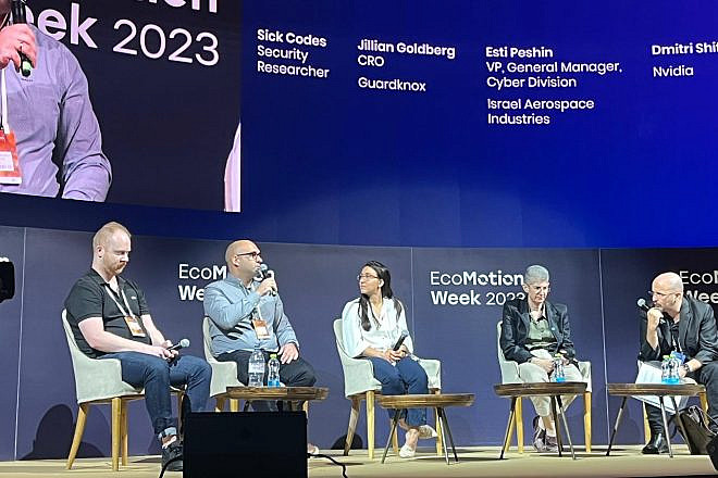 Israel’s annual world exhibition on EcoMotion, with a focus on cybersecurity.
A panel discussion during the 11th annual EcoMotion conference in Tel Aviv, on May 23, 2023. Credit: Courtesy.