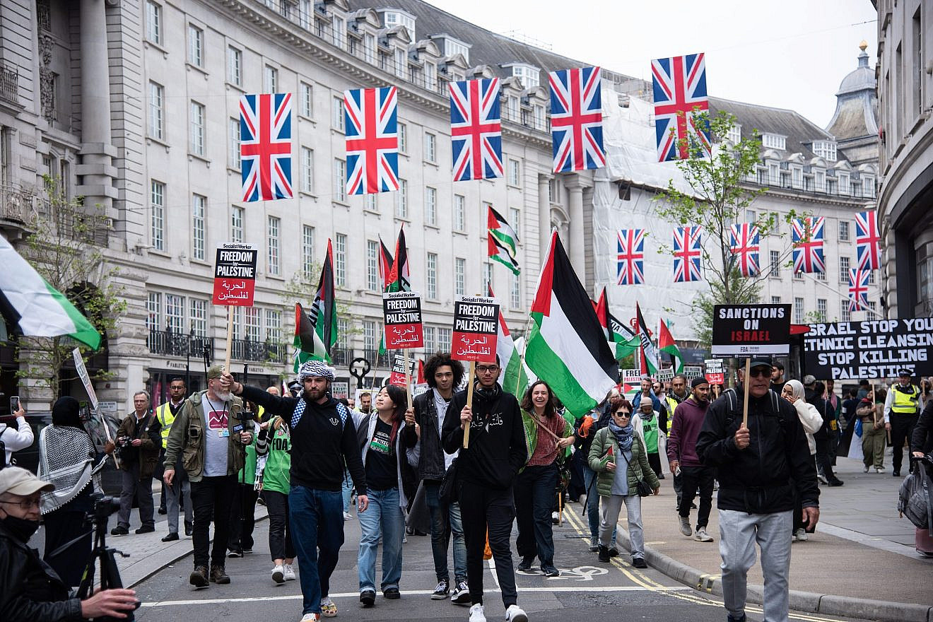 Protesters march in London observing  “Nakba Day,” May 13, 2023. Photo by Loredana Sangiuliano/Shutterstock.