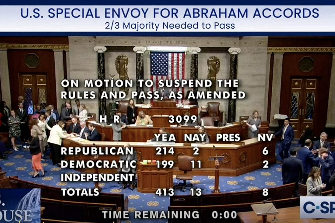The results the vote in the U.S. House of Representatives on a bill to create a special envoy for the Abraham Accords, June 13, 2023. Source: C-SPAN screenshot.