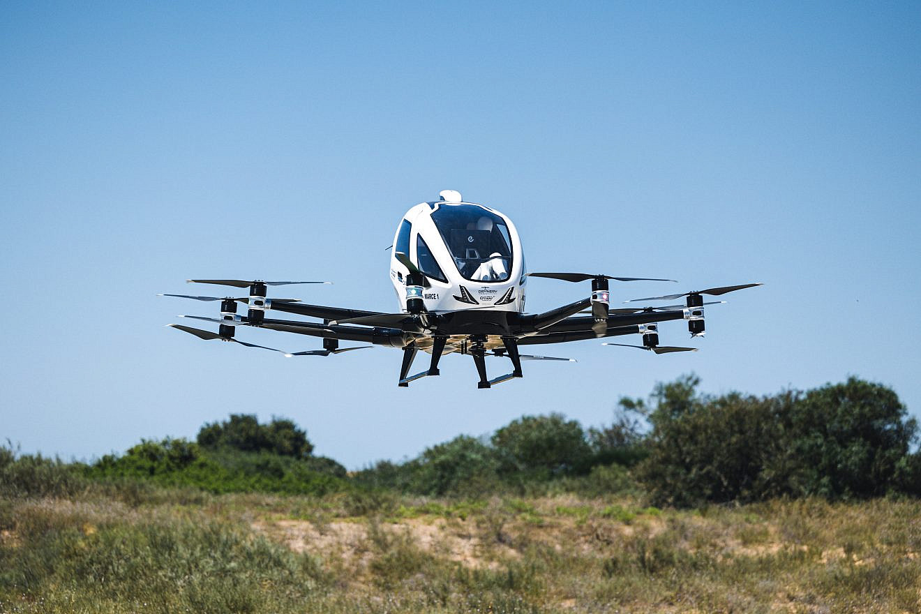 Ehang's EH216-S, a Chinese-made drone, one of several tested as part fo the Israel National Drone Initiative, June 5, 2023. Photo by Mark Nomdar/B.Y. Creative & Productions.