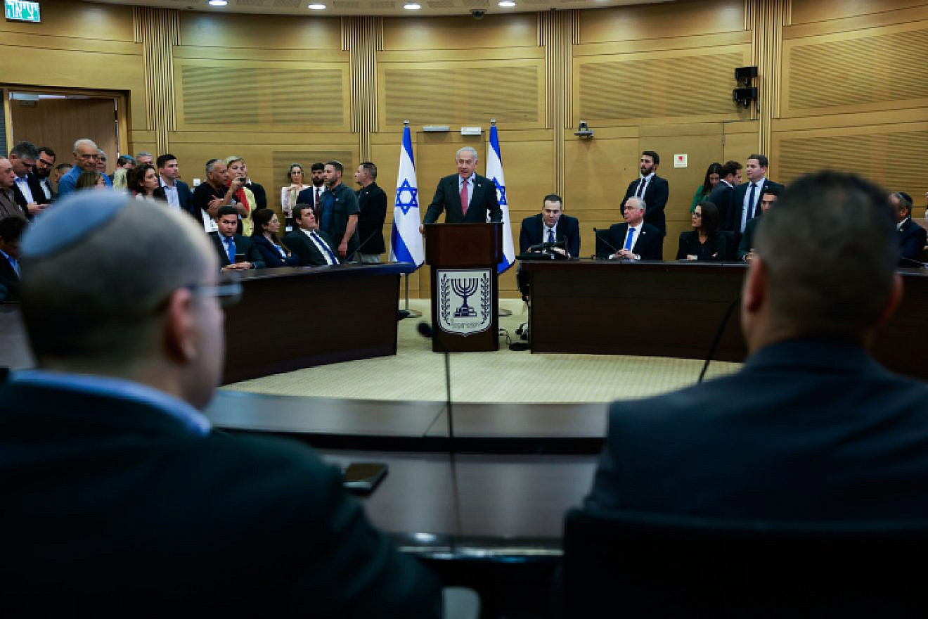 Israeli Prime Minister Benjamin Netanyahu leads a Likud Party meeting at the Knesset, March 13, 2023. Photo by Erik Marmor/Flash90.
