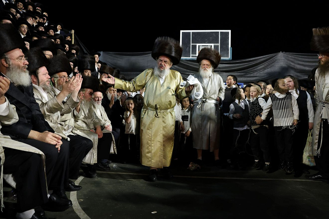 The Grand Rabbi of Lelov (a Hasidic dynasty) and his followers light a bonfire at the end of Shabbat in Meron, near Safed, on June 3, 2023. Photo: David Cohen/Flash90
