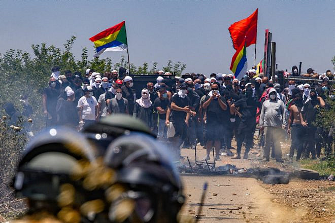 Druze protest against the construction of a wind farm near Majdal Shams in the Golan Heights, June 21, 2023. Photo by Ayal Margolin/Flash90.