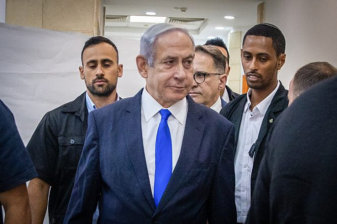 Israeli Prime Minister Benjamin Netanyahu arrives at the District Court in Jerusalem on June 25, 2023. Photo by Oren Ben Hakoon/POOL.