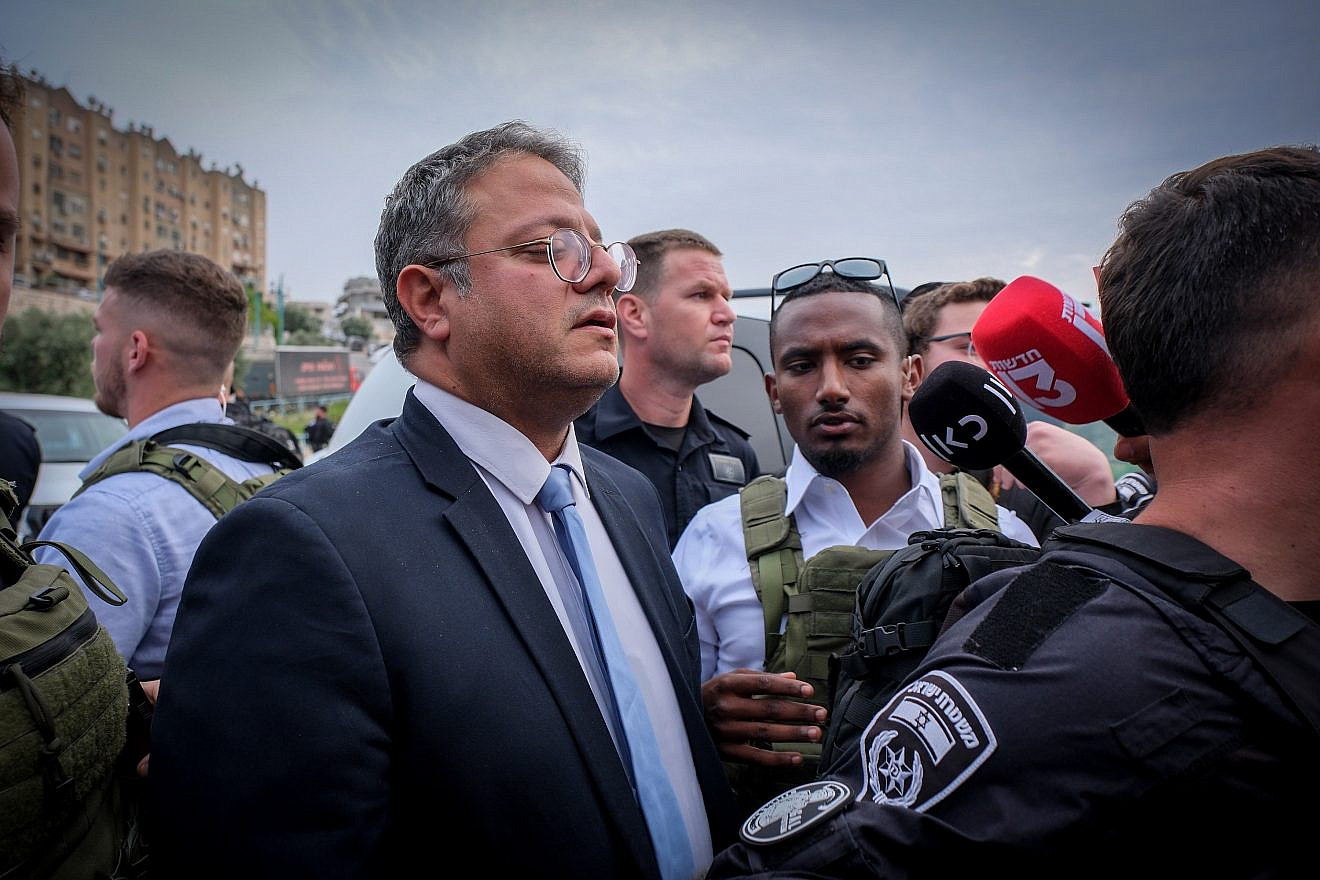 Israeli Minister of National Security Itamar Ben-Gvir at the scene where five people were shot dead in the Arab town of Yafa an-Naseriyye in northern Israel, June 8, 2023. Photo by Fadi Amun/Flash90.