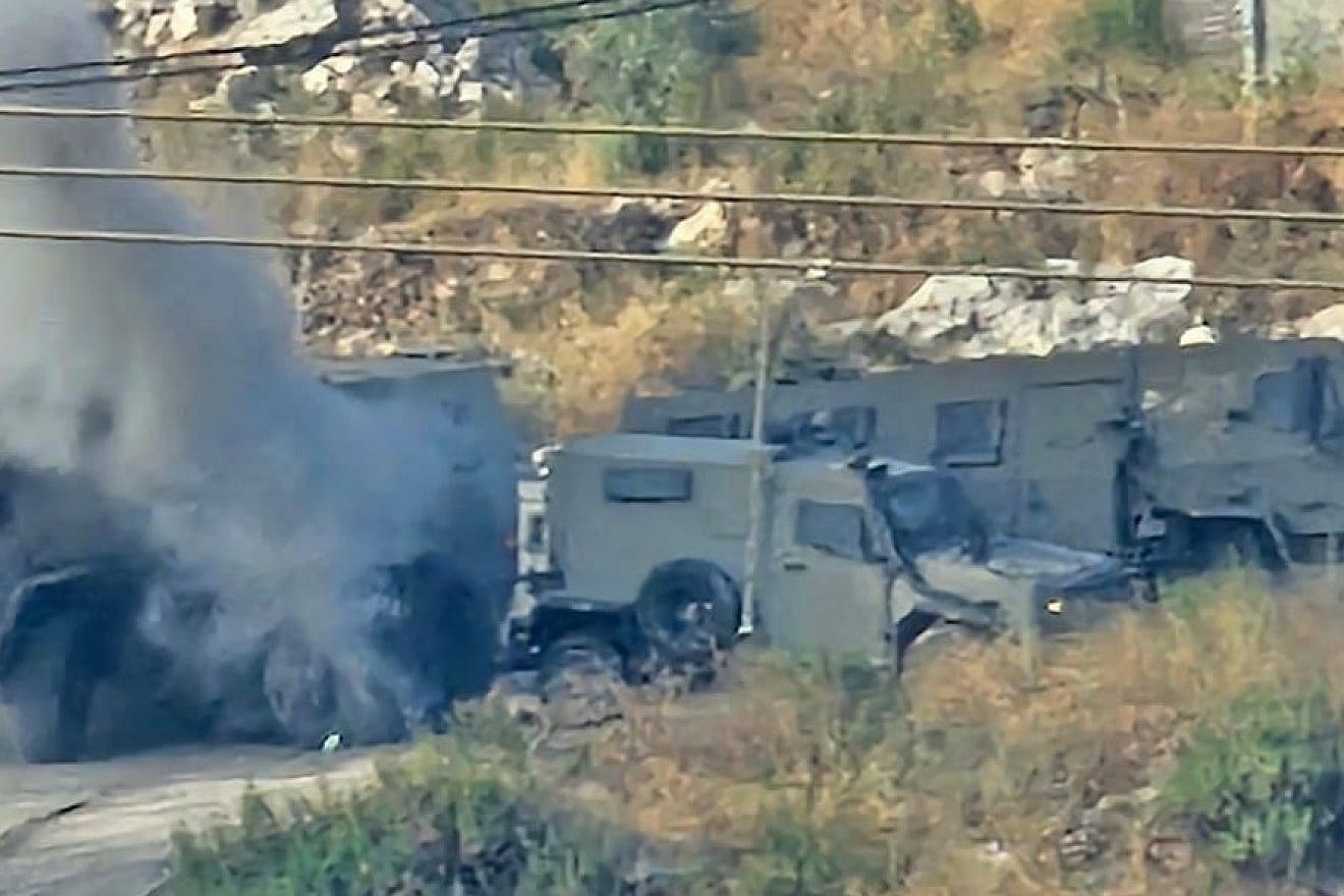 An IDF armored vehicle convoy hit by a roadside bomb in Jenin, June 19, 2023. Source: Twitter