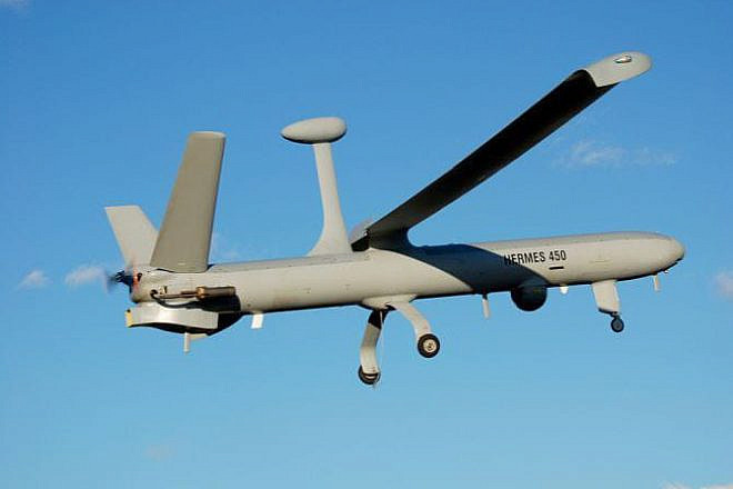 A Hermes 450 drone of the type reportedly used by Israel to target three Palestinian terrorists in Judea and Samaria on June 22, 2023. Source: Twitter.