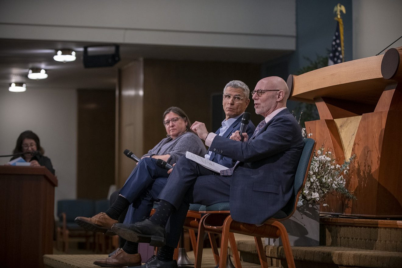 From left: Rabbi Hara Person, chief executive of the Central Conference of American Rabbis; Rabbi Rick Jacobs, president of the Union for Reform Judaism; and Dr. Andrew Rehfeld, president of the Hebrew Union College-Jewish Institute of Religion discuss their vision of the future at the “Re-Charging Reform Judaism” conference held at the Stephen Wise Free Synagogue in New York City from May 31 to June 1, 2023. Credit: Lenny Media/RetroLenz Photography.
