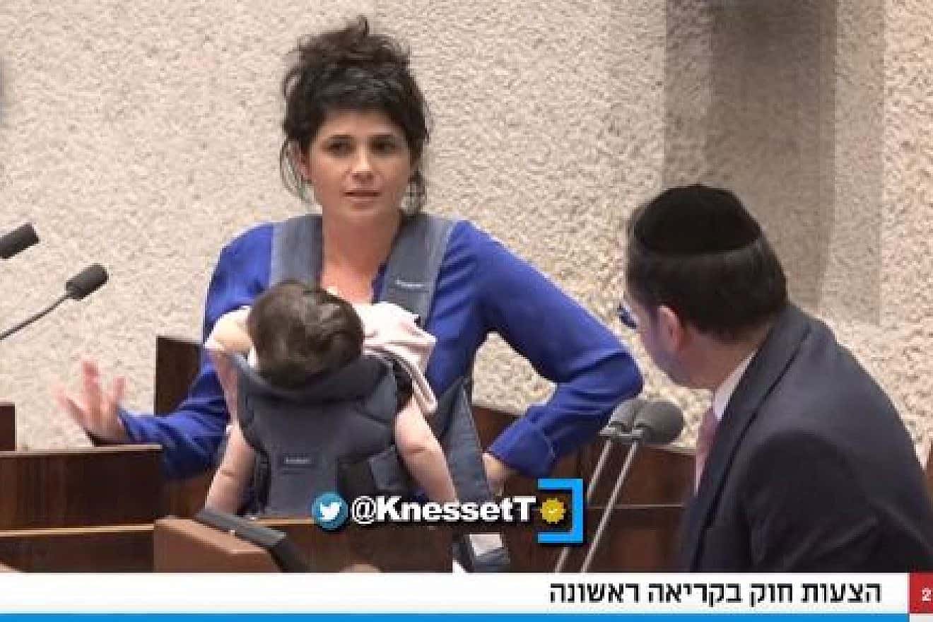 National Unity Party MK Sharren Haskel was asked to leave the Knesset podium with her baby, June 27, 2023. Source: Twitter.